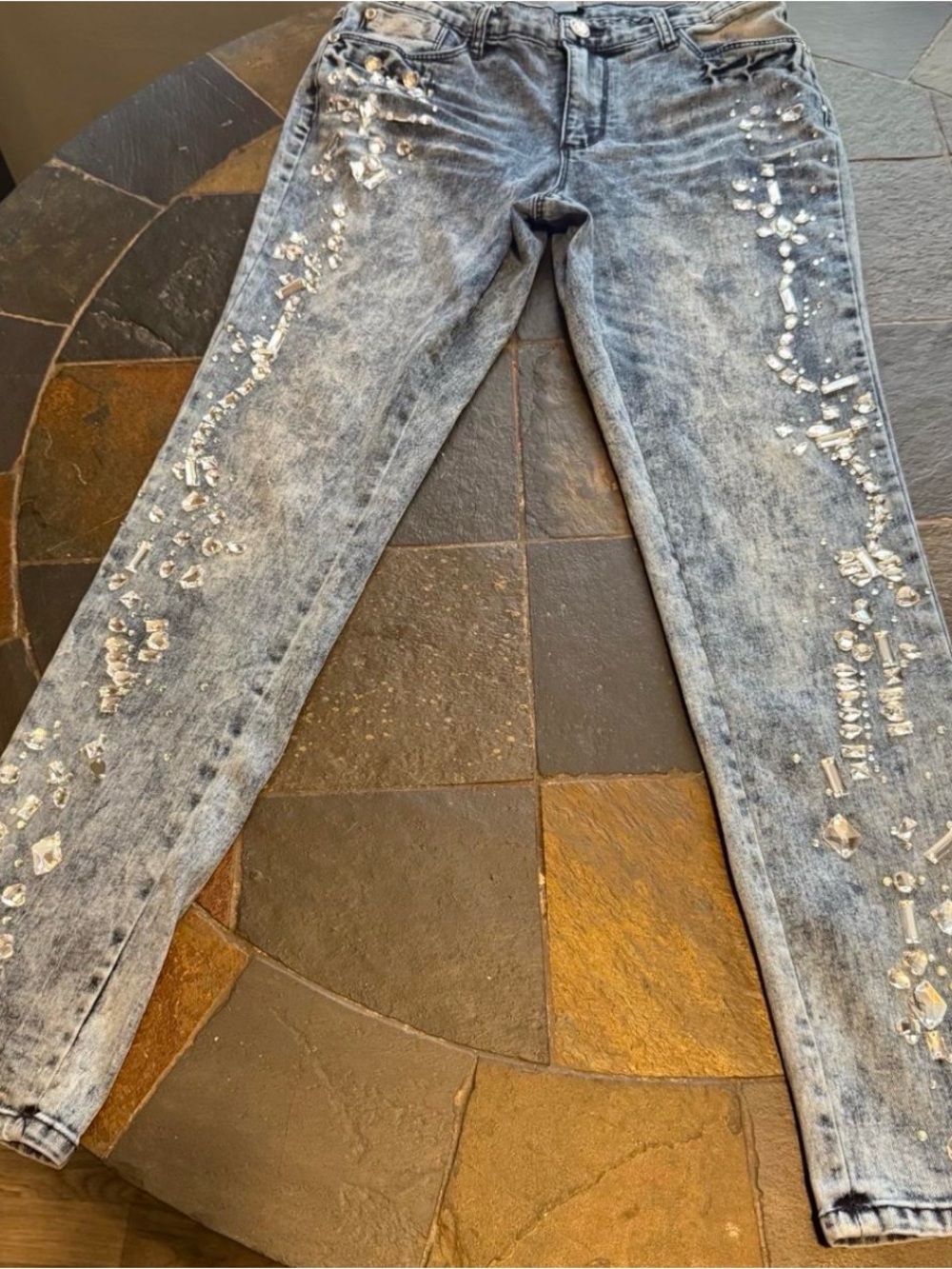 VENUS Grey Acid-Wash Skinny Jeans with Crystal Embellishments